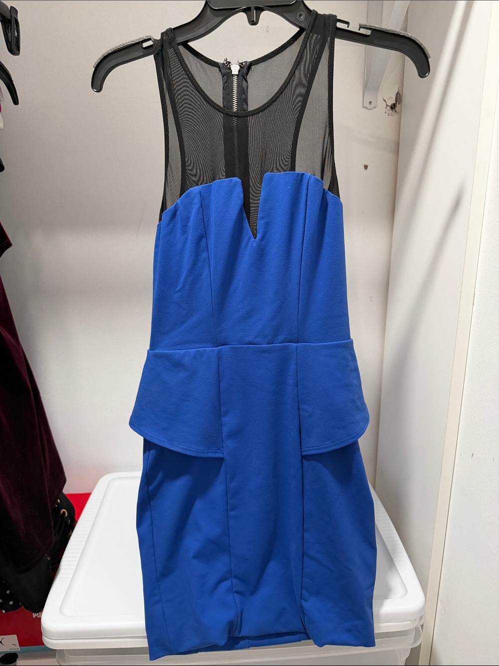 bebe Royal Blue Mesh-Inset Peplum Midi Dress
